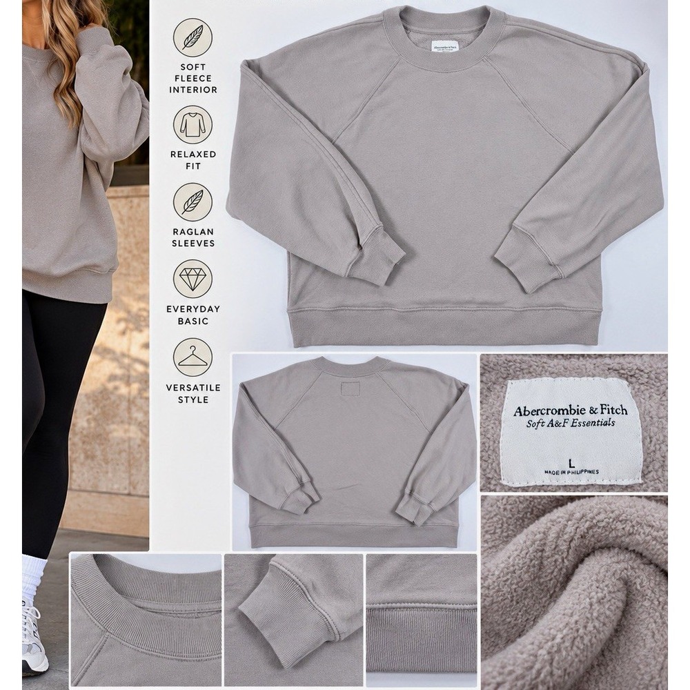 Abercrombie Sweatshirt Oversized Crewneck L Gray Soft A&F Essentials Pullover